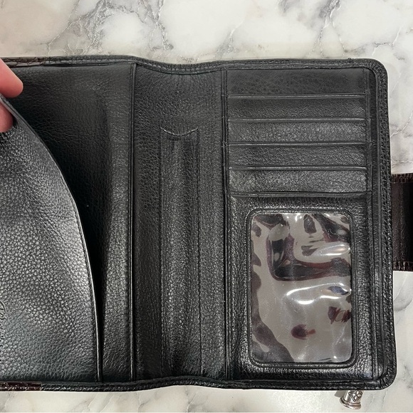Vintage Brighton Pebbled Leather Croc Embossed Bi-Fold Wallet Brown Black - Picture 10 of 13
